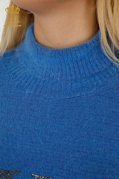 Pulover de tricotaje de damă cu ridicata - Brodat cu piatră - Angora - Albastru - 18894 | KAZEE - Thumbnail