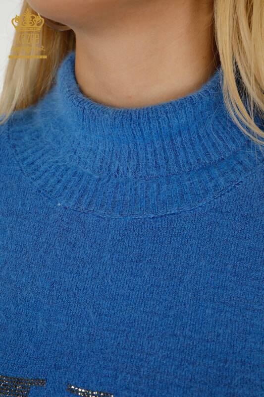 Pulover de tricotaje de damă cu ridicata - Brodat cu piatră - Angora - Albastru - 18894 | KAZEE