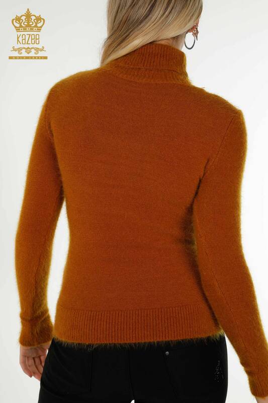 Pulover de tricotaj de damă cu ridicata - Brodat cu piatră - Angora - Muștar - 18894 | KAZEE