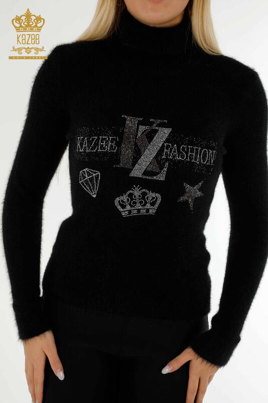 Pulover de tricotaj de damă cu ridicata - Brodat cu piatră - Angora - Negru - 18894 | KAZEE