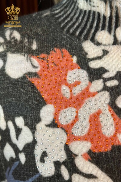 Pulover de tricotaj de damă cu ridicata - Brodat cu piatră - Angora - Portocaliu - 18948 | KAZEE - Thumbnail