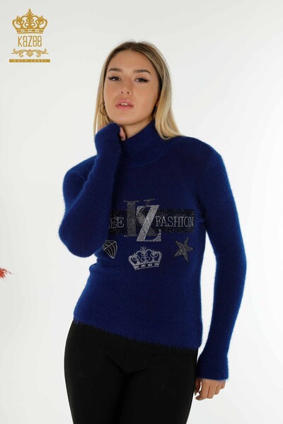 Pulover de tricotaj de damă cu ridicata - brodat cu piatră - Angora - Saks - 18894 | KAZEE - Thumbnail