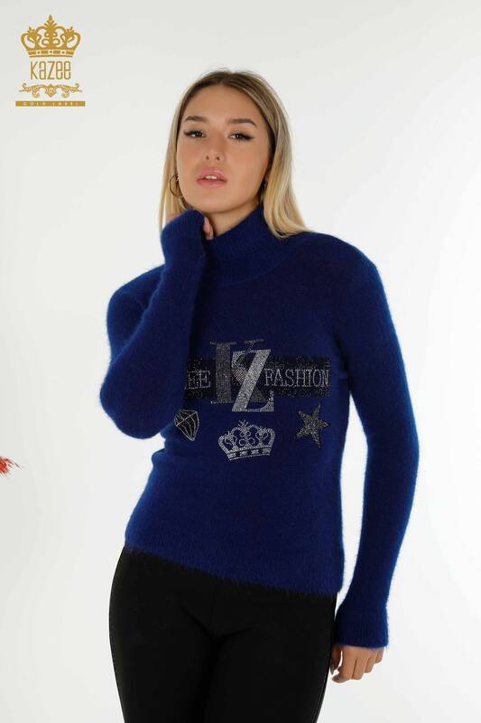 Pulover de tricotaj de damă cu ridicata - brodat cu piatră - Angora - Saks - 18894 | KAZEE