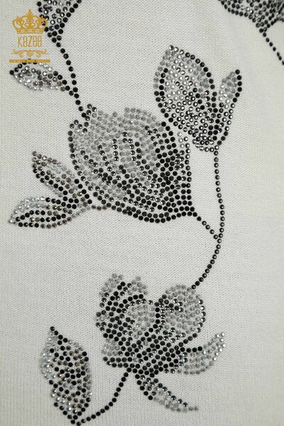 Pulover de tricotaje pentru femei cu ridicata - Brodat cu piatra - Ecru - 30471 | KAZEE - Thumbnail