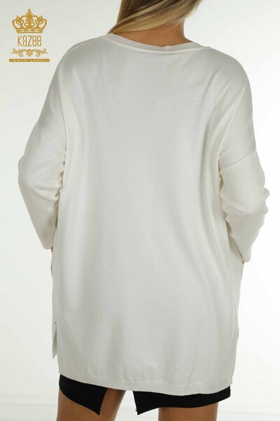 Pulover de tricotaje pentru femei cu ridicata - brodat cu piatra - Ecru - 30601 | KAZEE - Thumbnail