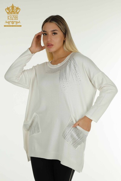 Pulover de tricotaje de damă cu ridicata - Brodat cu piatră - Ecru - 30623 | KAZEE - Thumbnail