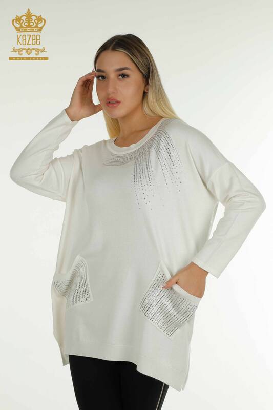 Pulover de tricotaje de damă cu ridicata - Brodat cu piatră - Ecru - 30623 | KAZEE