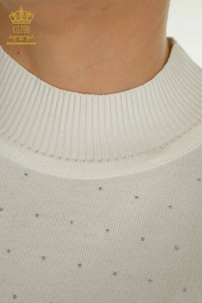 Pulover de tricotaje pentru femei cu ridicata - Brodat cu piatra - Ecru - 30677 | KAZEE - Thumbnail