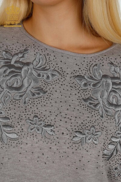 Pulover de tricotaj pentru femei cu ridicata - Cu Piatra brodat - gri - 16799 | KAZEE - Thumbnail
