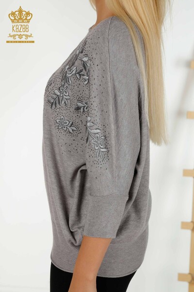 Pulover de tricotaj pentru femei cu ridicata - Cu Piatra brodat - gri - 16799 | KAZEE - Thumbnail