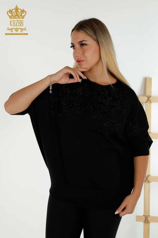 Pulover de tricotaj pentru femei cu ridicata - Cu Piatra brodat - negru - 16799 | KAZEE