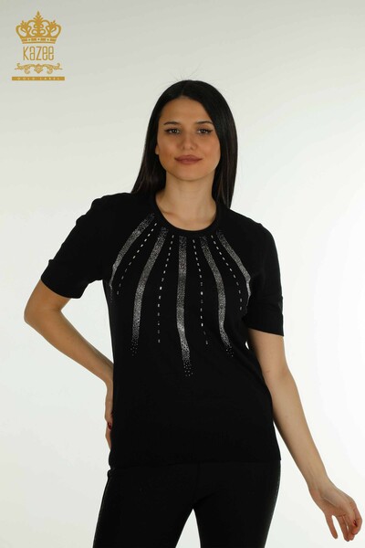 Pulover de tricotaj pentru femei cu ridicata - brodat cu piatra - negru - 30460 | KAZEE - Thumbnail