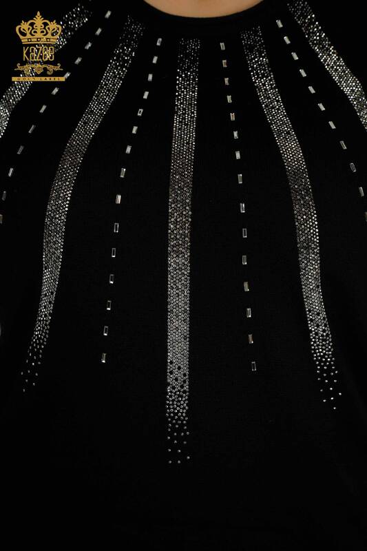 Pulover de tricotaj pentru femei cu ridicata - brodat cu piatra - negru - 30460 | KAZEE