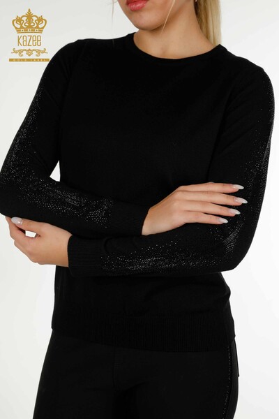 Pulover de tricotaj pentru femei - Cu Piatra brodata - negru - 30537 | KAZEE - Thumbnail