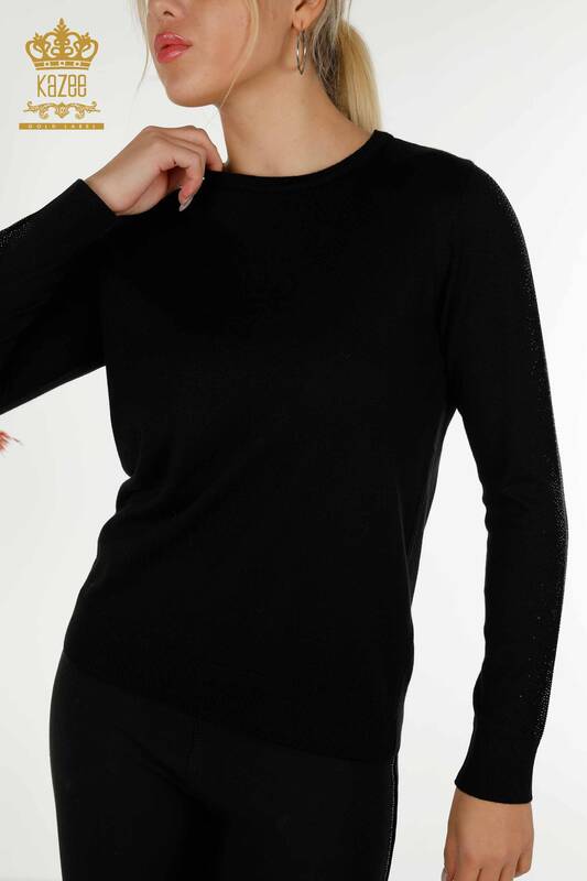 Pulover de tricotaj pentru femei - Cu Piatra brodata - negru - 30537 | KAZEE