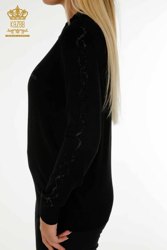 Pulover de tricotaj pentru femei - Cu piatra brodata - negru - 30553 | KAZEE