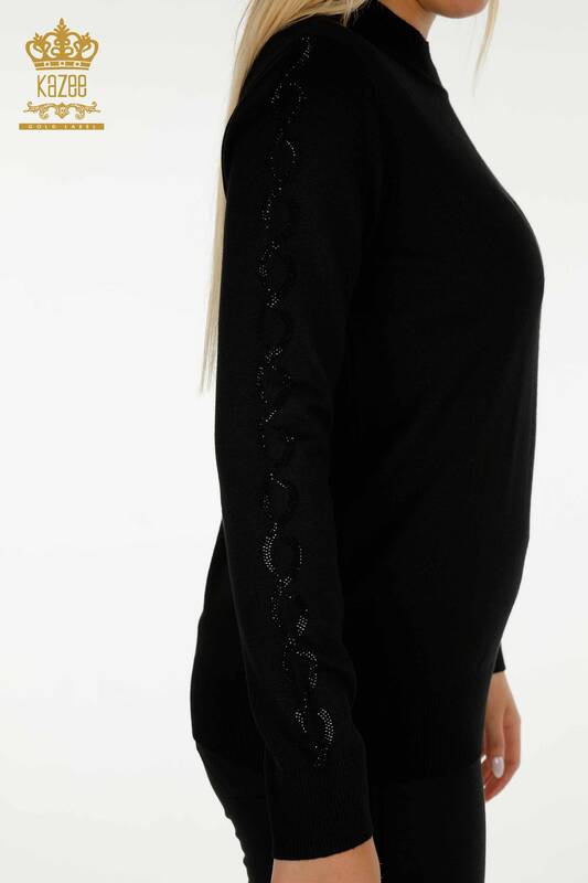 Pulover de tricotaj pentru femei - Cu piatra brodata - negru - 30553 | KAZEE