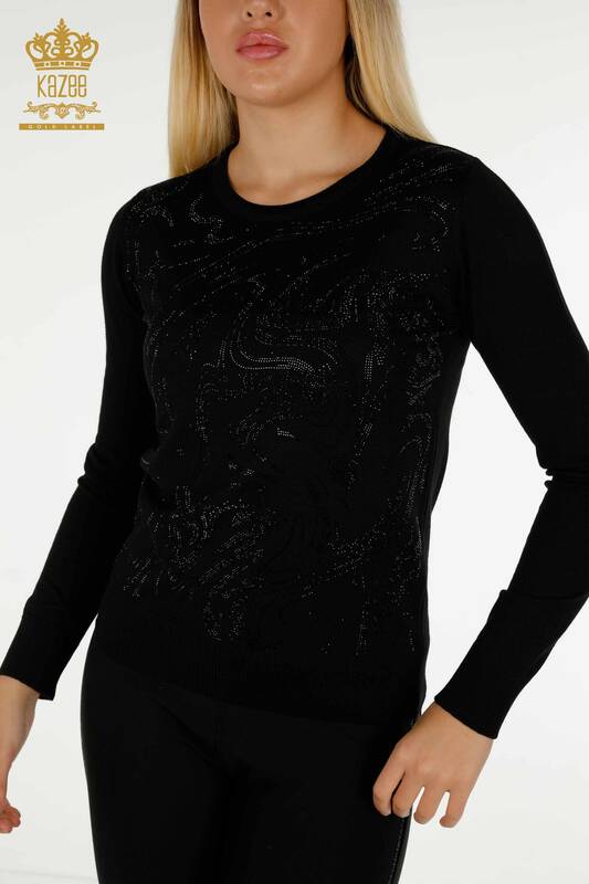 Pulover de tricotaj pentru femei - cu piatra brodata - negru - 30594 | KAZEE