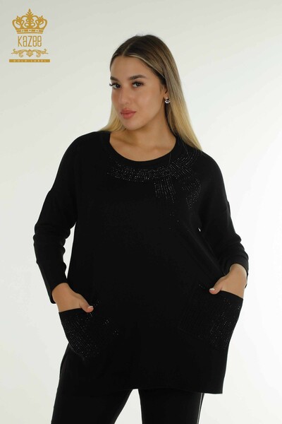 Pulover de tricotaj pentru femei - cu piatra brodata - negru - 30623 | KAZEE - Thumbnail
