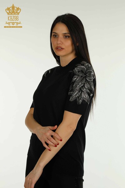 Pulover de tricotaj pentru femei - cu piatra brodata - negru - 30674 | KAZEE - Thumbnail