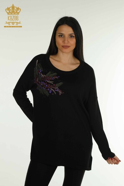 Pulover de tricotaje pentru femei cu ridicata - Cu piatra brodata - negru - 30750 | KAZEE - Thumbnail
