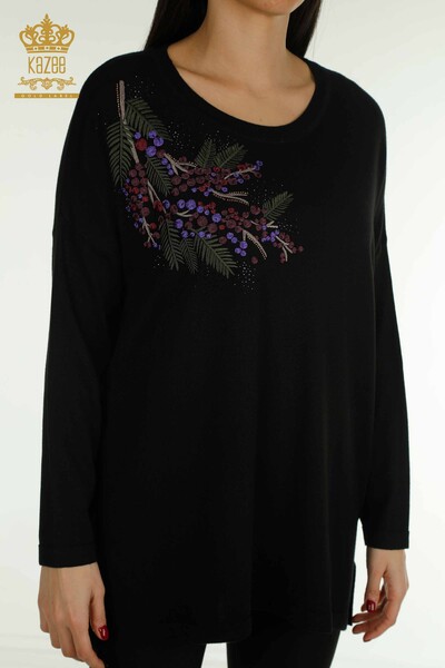 Pulover de tricotaje pentru femei cu ridicata - Cu piatra brodata - negru - 30750 | KAZEE - Thumbnail