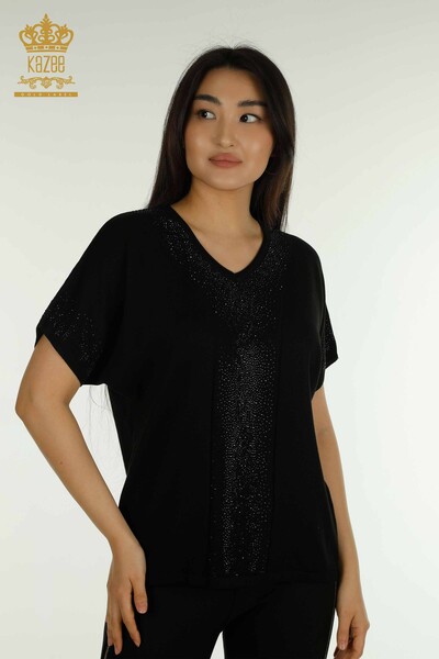 Pulover de tricotaj pentru femei - Cu Piatra brodata - negru - 30761 | KAZEE - Thumbnail