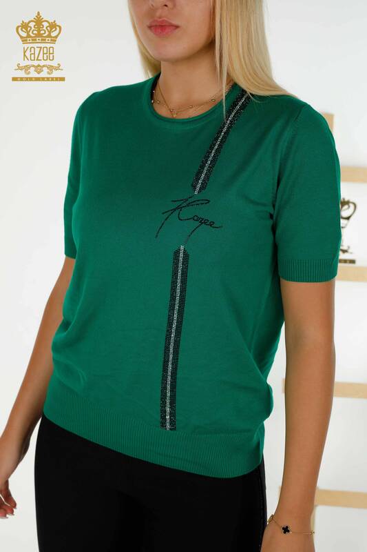 Tricotaj de damă cu ridicata Pulover cu piatră verde brodat - 30333 | KAZEE