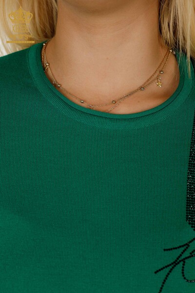 Tricotaj de damă cu ridicata Pulover cu piatră verde brodat - 30333 | KAZEE - Thumbnail