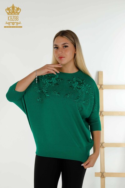Kazee - Pulover de tricotaj pentru femei cu ridicata - Cu Piatra Brodat - Verde - 16799 | KAZEE