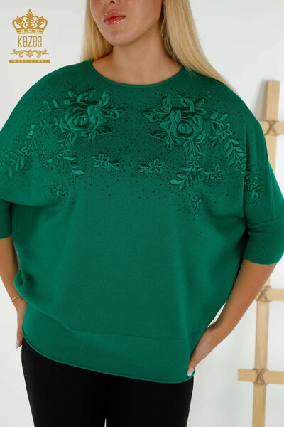 Kazee - Pulover de tricotaj pentru femei cu ridicata - Cu Piatra Brodat - Verde - 16799 | KAZEE (1)