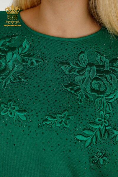 Pulover de tricotaj pentru femei cu ridicata - Cu Piatra Brodat - Verde - 16799 | KAZEE - Thumbnail (2)