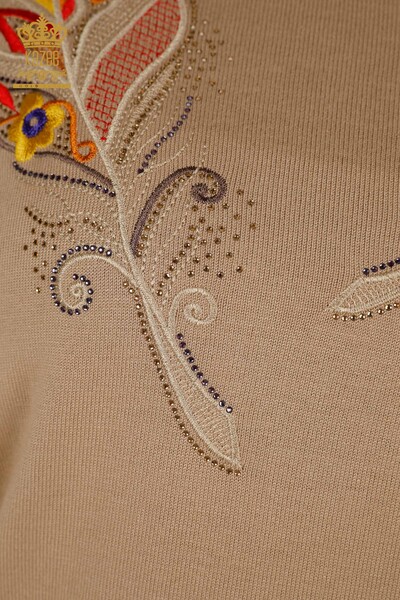 Pulover de tricotaje de damă cu ridicata - Broderie colorată - Bej - 30147 | KAZEE - Thumbnail
