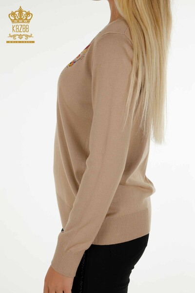 Pulover de tricotaje de damă cu ridicata - Broderie colorată - Bej - 30147 | KAZEE - Thumbnail
