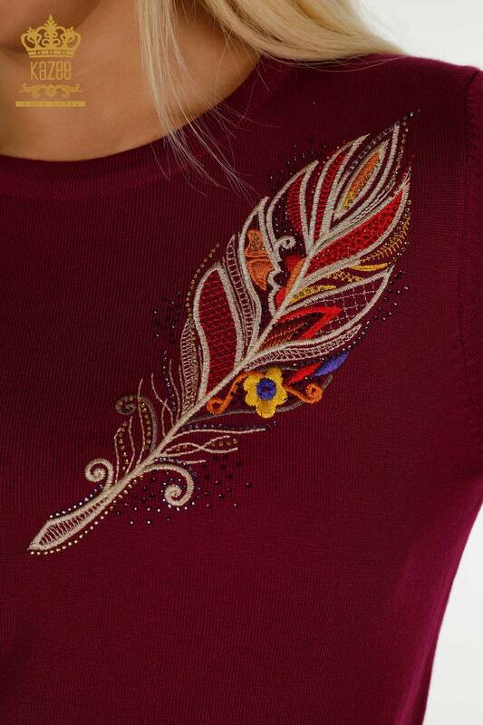 Pulover de tricotaje de damă cu ridicata - Broderie colorată - Liliac - 30147 | KAZEE