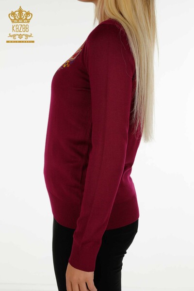 Pulover de tricotaje de damă cu ridicata - Broderie colorată - Liliac - 30147 | KAZEE - Thumbnail