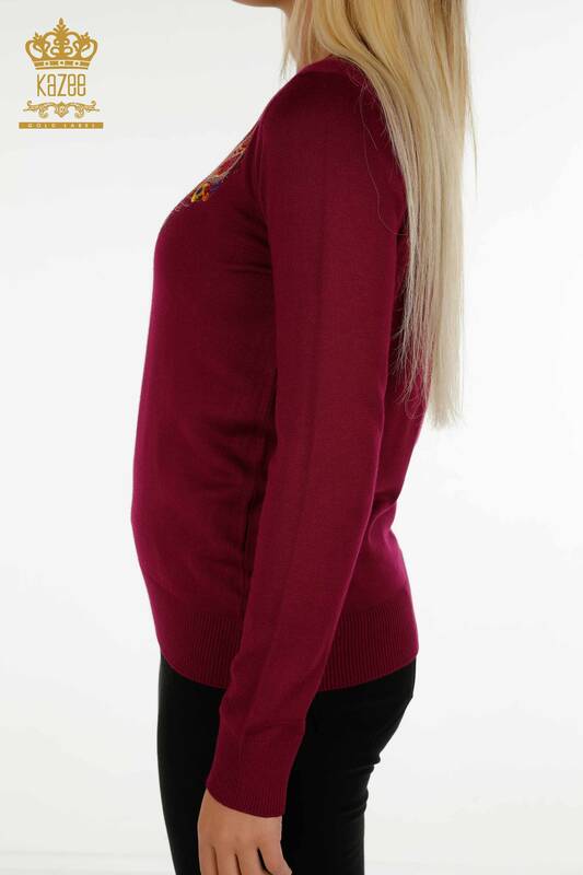Pulover de tricotaje de damă cu ridicata - Broderie colorată - Liliac - 30147 | KAZEE