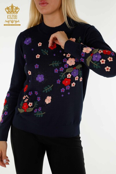 En-gros Tricotaj pentru femei Pulover - Floare Brodat - Bleumarin - 16760 | KAZEE - Thumbnail