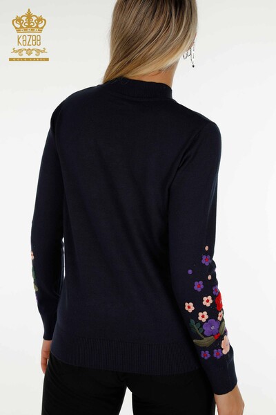 En-gros Tricotaj pentru femei Pulover - Floare Brodat - Bleumarin - 16760 | KAZEE - Thumbnail