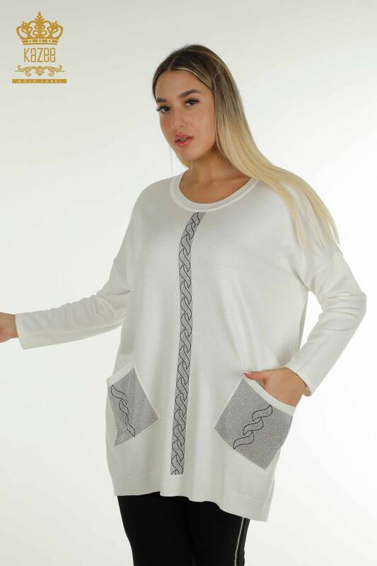 Pulover de tricotaj pentru femei cu ridicata - Buzunar Detaliat - Ecru - 30622 | KAZEE