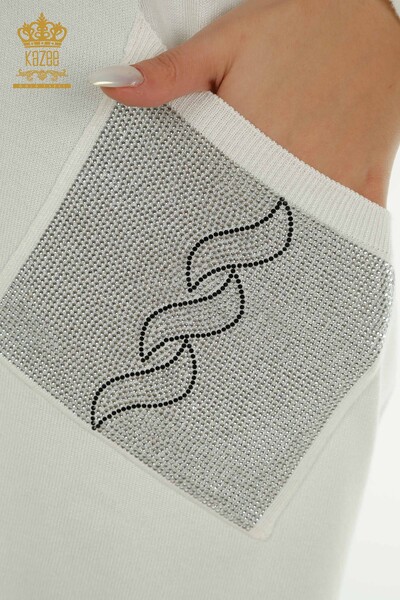Pulover de tricotaj pentru femei cu ridicata - Buzunar Detaliat - Ecru - 30622 | KAZEE - Thumbnail