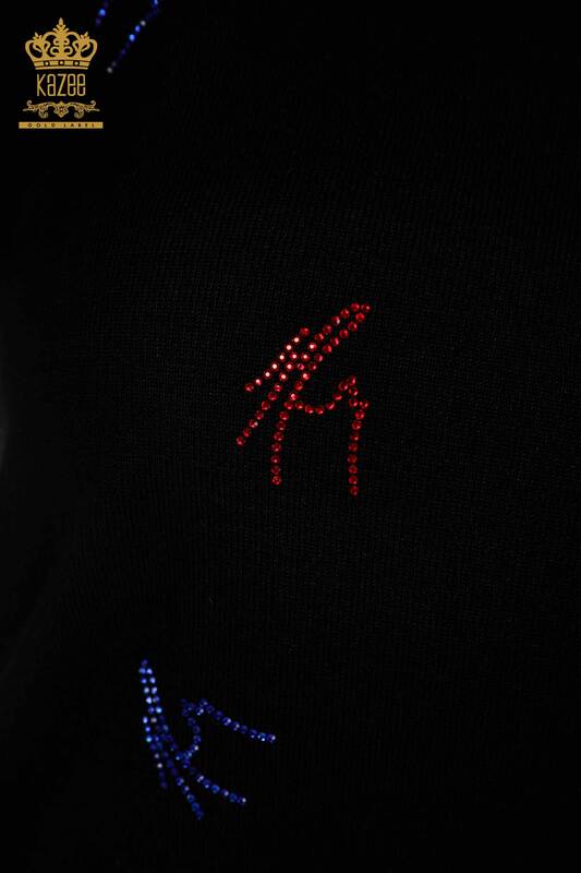 Pulover de tricotaj pentru damă cu ridicata - Colorat Cu Piatră Brodat - Negru - 30327 | KAZEE
