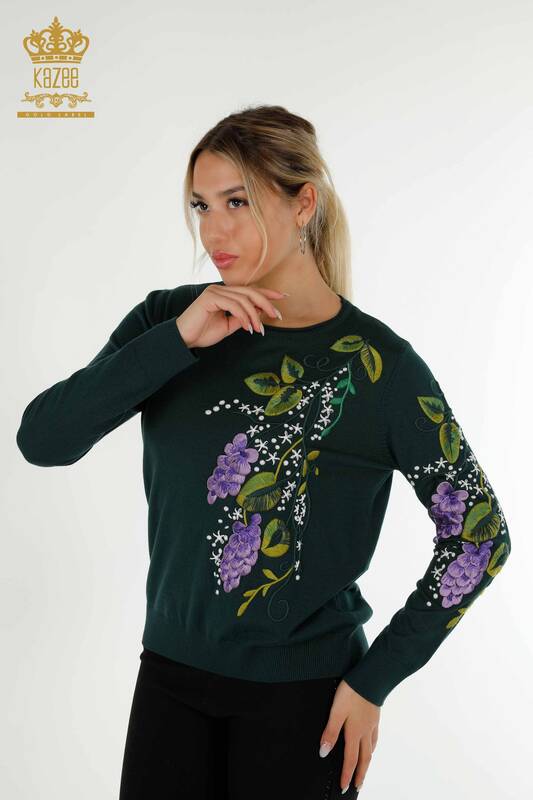 Pulover de tricotaj de damă cu ridicata - Colorat Brodat floral - Nefti - 16934 | KAZEE