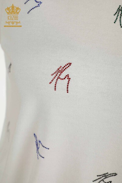 Pulover de tricotaj pentru damă cu ridicata - Colorat Brodat cu piatră - Ecru - 30327 | KAZEE - Thumbnail