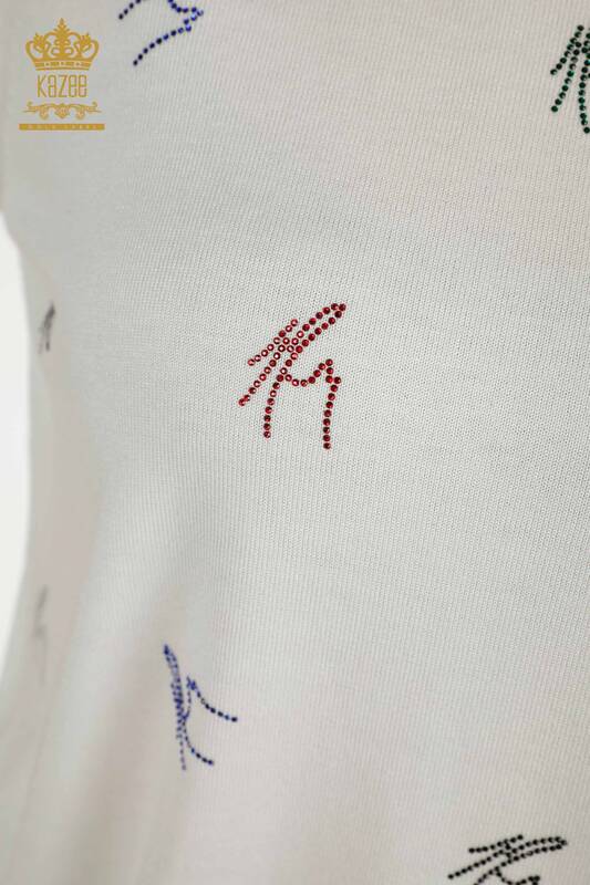 Pulover de tricotaj pentru damă cu ridicata - Colorat Brodat cu piatră - Ecru - 30327 | KAZEE