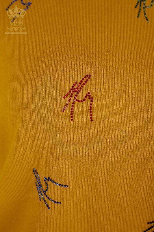 Tricotaje cu ridicata pentru femei Pulover colorat - Brodat cu piatra - Sofran - 30327 | KAZEE