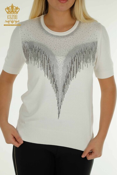 Pulover de tricot pentru damă cu ridicata - Cristal - Brodat cu piatră - Ecru - 30330 | KAZEE - Thumbnail