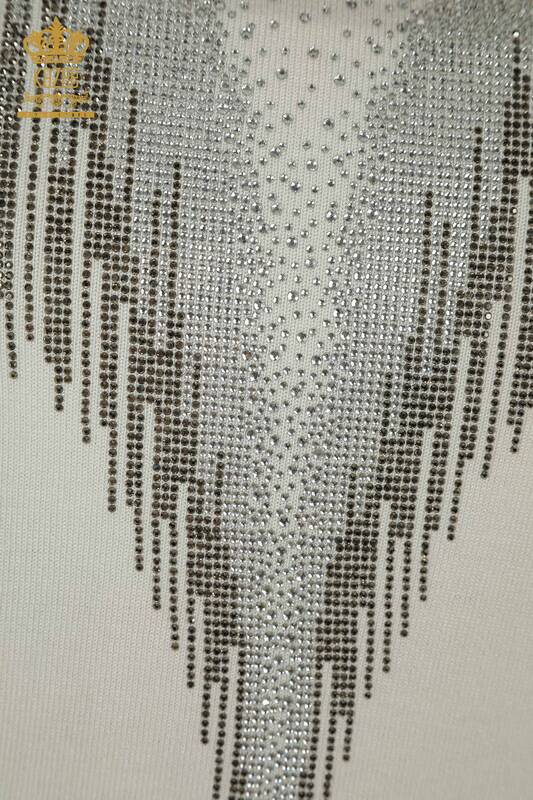 Pulover de tricot pentru damă cu ridicata - Cristal - Brodat cu piatră - Ecru - 30330 | KAZEE