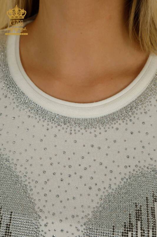 Pulover de tricot pentru damă cu ridicata - Cristal - Brodat cu piatră - Ecru - 30330 | KAZEE