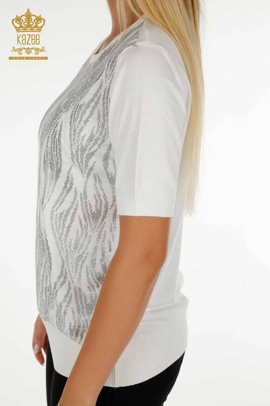 Pulover de tricotaj pentru damă cu ridicata - Cristal Cu Piatră Brodat - Ecru - 30332 | KAZEE